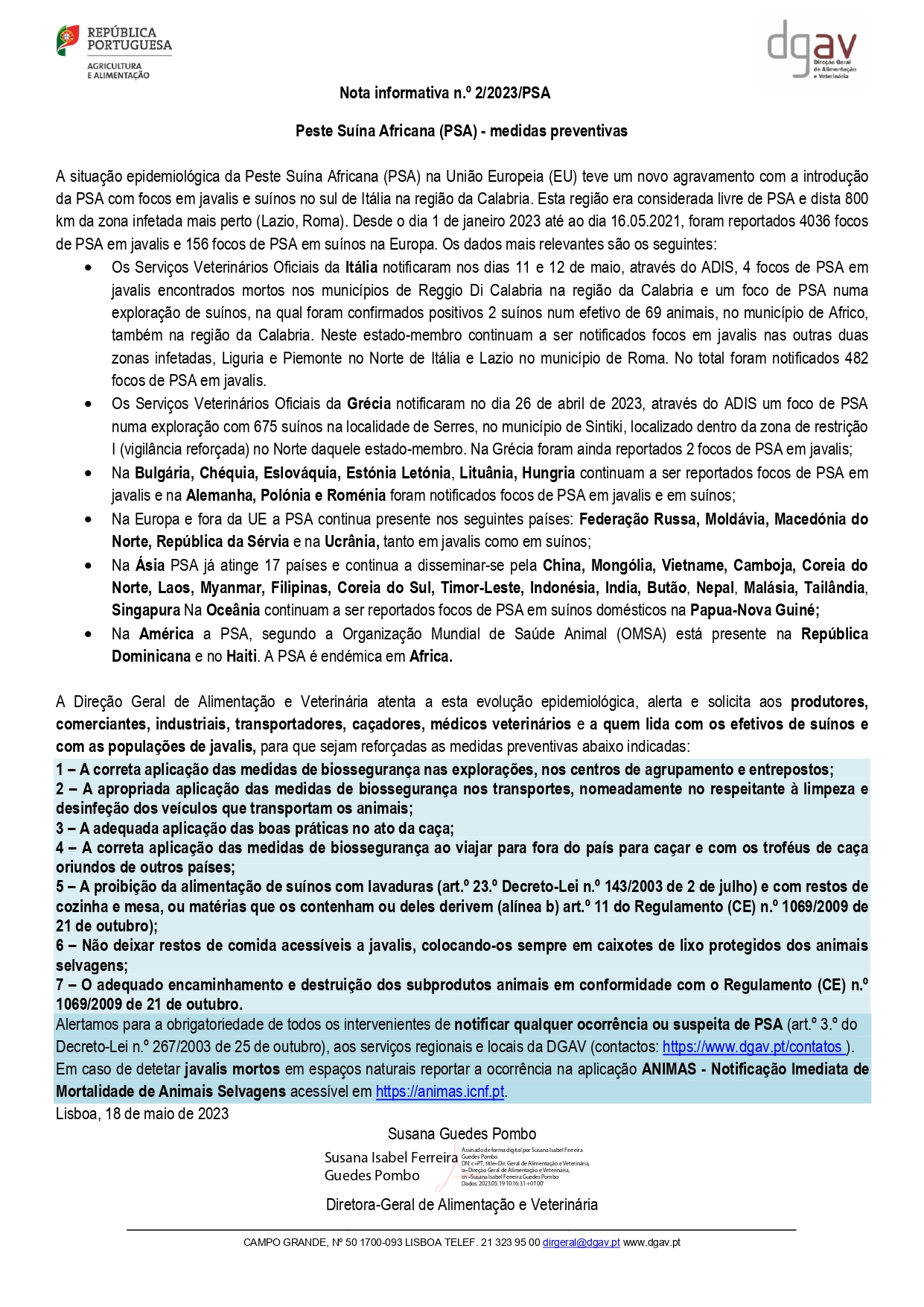 Nota informativa n º 2 2023 PSA Peste Suína Africana PSA medidas